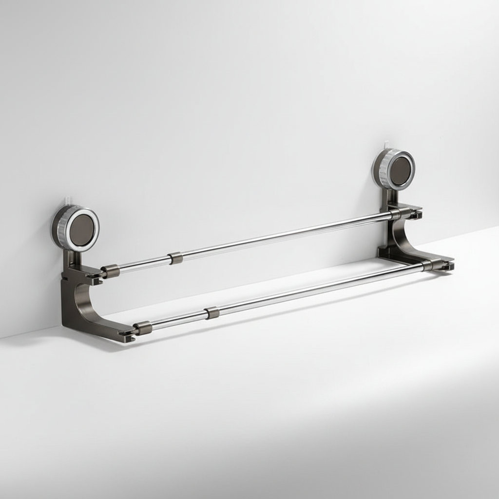 Bathroom storage solution: VentoRack telescopic double towel holder, rust-proof, no drilling required.