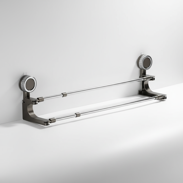 Bathroom storage solution: VentoRack telescopic double towel holder, rust-proof, no drilling required.
