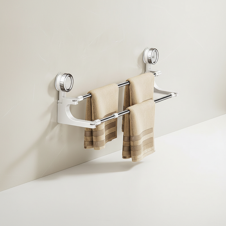 Close-up of VentoRack telescopic double towel rail, stainless steel, showing suction cup and extending feature.
