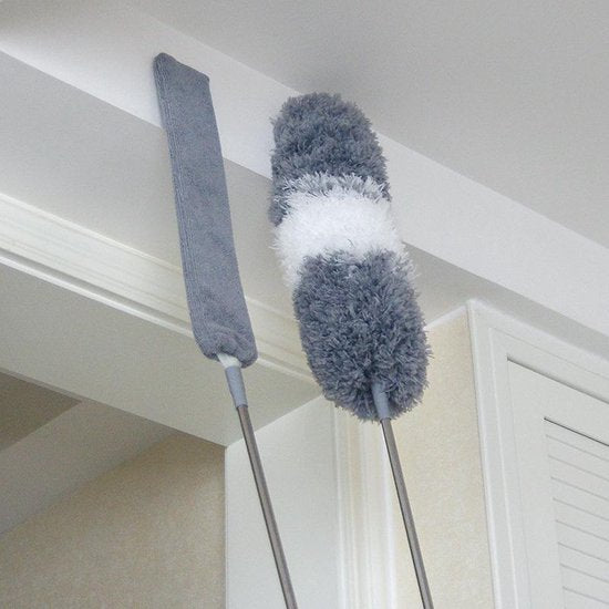 Telescoping microfiber duster for high reach home cleaning, ideal for ceilings, fans, and cobwebs.