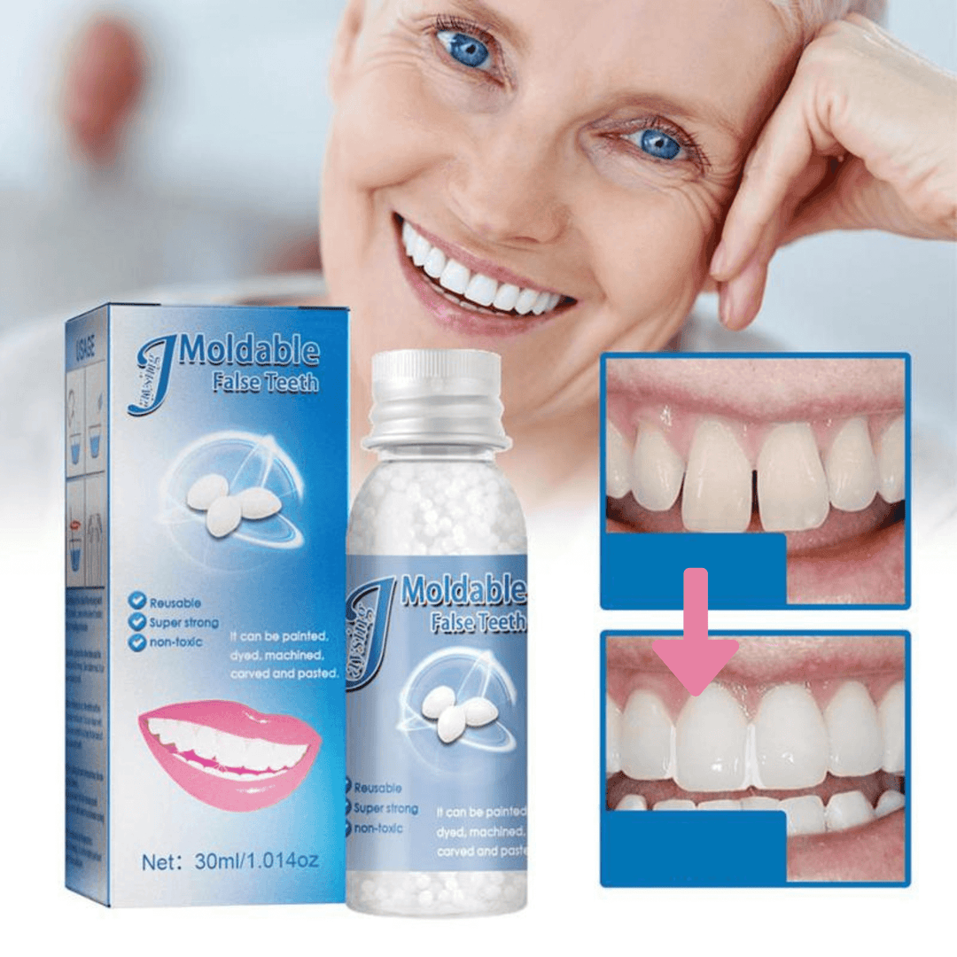 Temporary tooth repair kit with moldable beads for instant filling of missing or chipped teeth, restoring a confident smile.