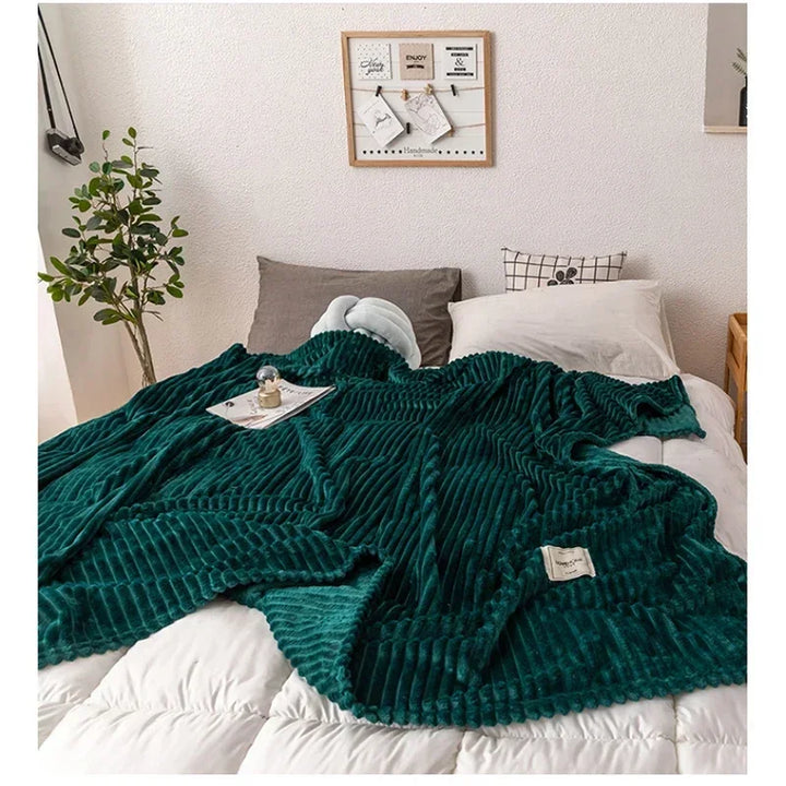 Thick flannel autumn blanket in a cozy room, perfect for fall decor and warmth.