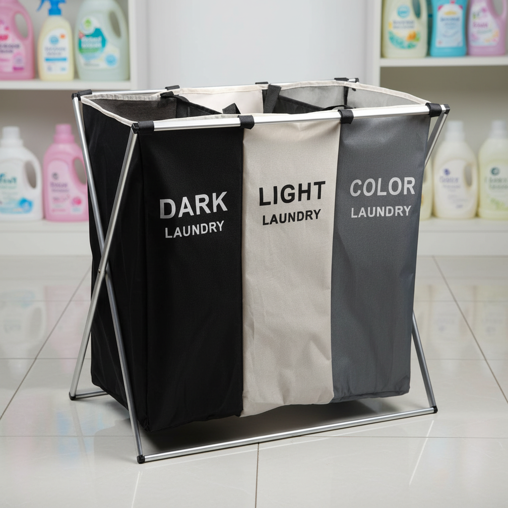 Three-compartment laundry sorter, dark grey fabric bags, metal frame, keeping clothes organized.