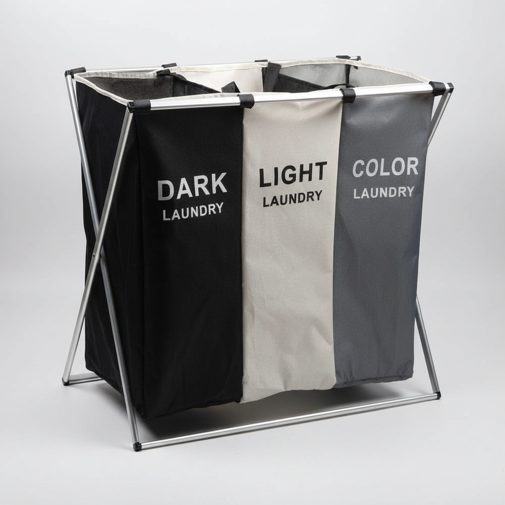 Unisex triple laundry sorter with distinct sections for whites, darks, and colors, a bathroom essential.