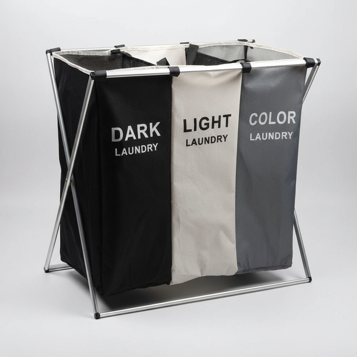 Unisex triple laundry sorter with distinct sections for whites, darks, and colors, a bathroom essential.