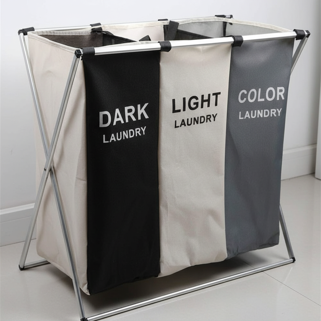 Freestanding TriOrganize laundry sorter, a practical storage solution for any home, metal and fabric design.