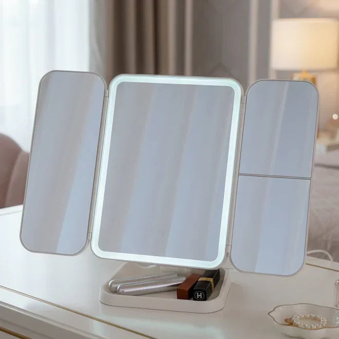 Three-part LED makeup mirror with 3 light colors for flawless application and beauty routines.