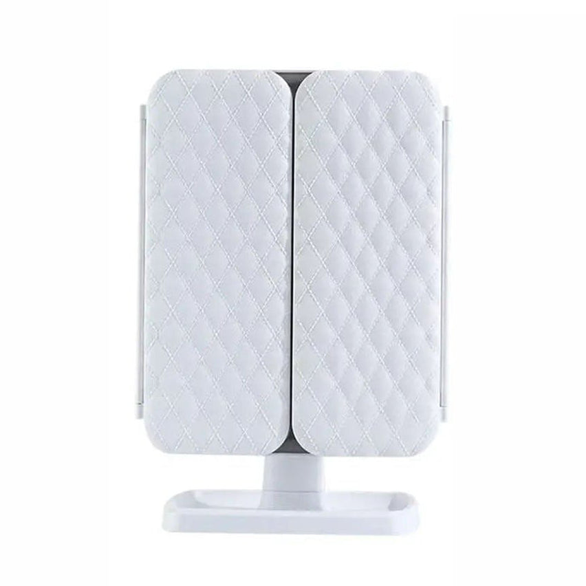 Compact tri-fold LED makeup mirror, perfect for travel or small spaces, with 3 light colors.
