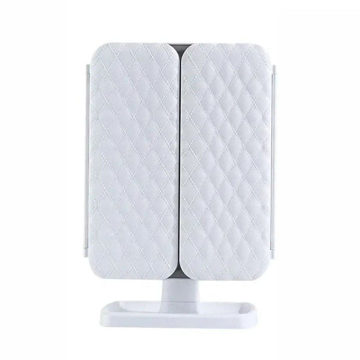 Compact tri-fold LED makeup mirror, perfect for travel or small spaces, with 3 light colors.