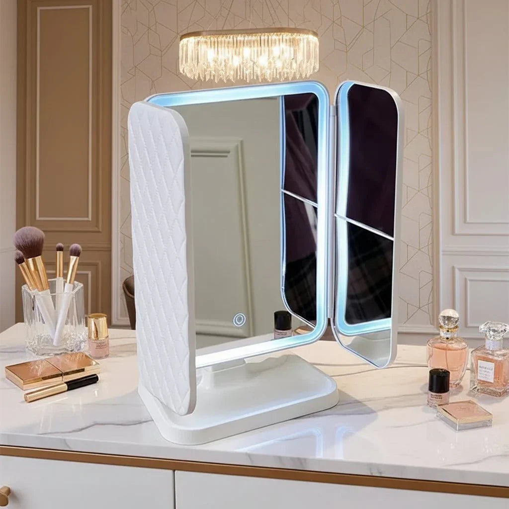 Portable tabletop LED makeup mirror, three-part design with 3 light settings for beauty tools.