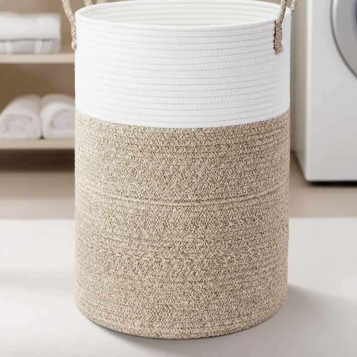Collapsible round cotton laundry hamper by TidyLoop, convenient and stylish home organizer