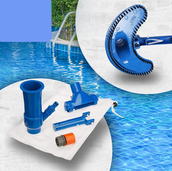 Hose-powered TIDYPOOL manual pool vacuum cleaning a residential swimming pool quickly.