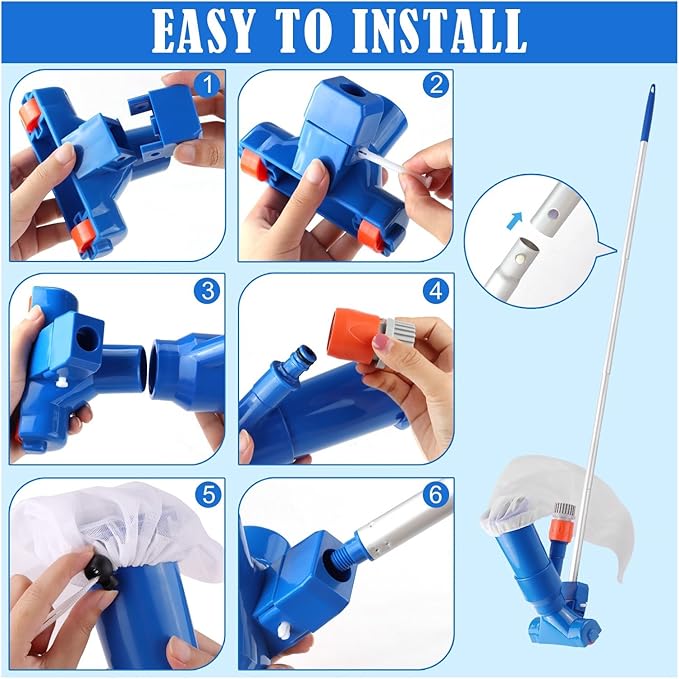 Portable TIDYPOOL manual pool vacuum held by hand, emphasizing its lightweight and easy-to-store design.