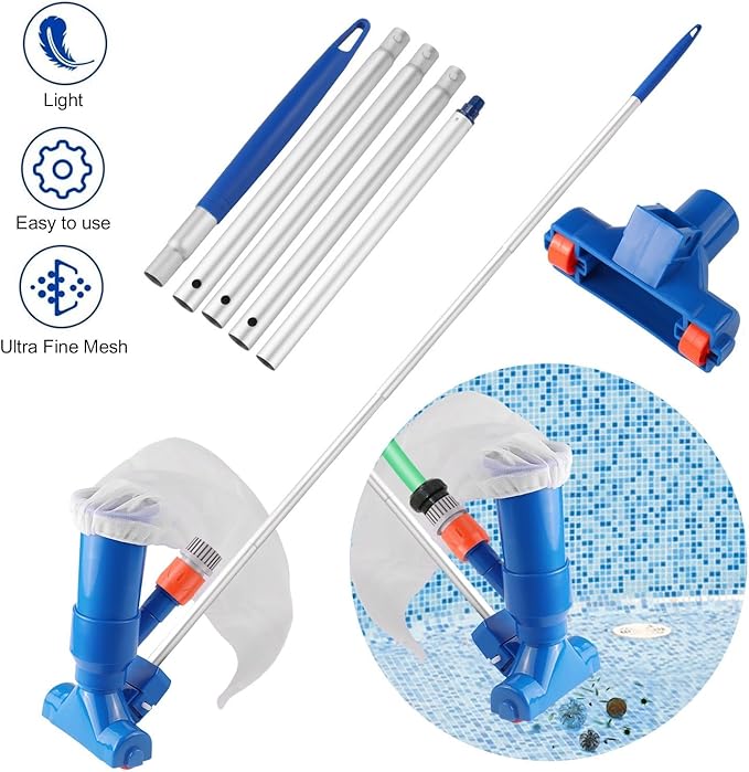 TIDYPOOL manual debris remover sucking up leaves & dirt from a pool floor. Quick water cleaner.
