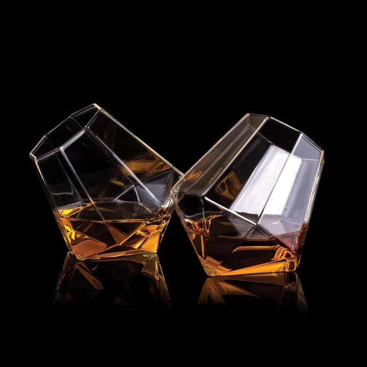 Elegant crystal tilted whiskey glass, perfect gift for him, luxury barware, unique drinkware.