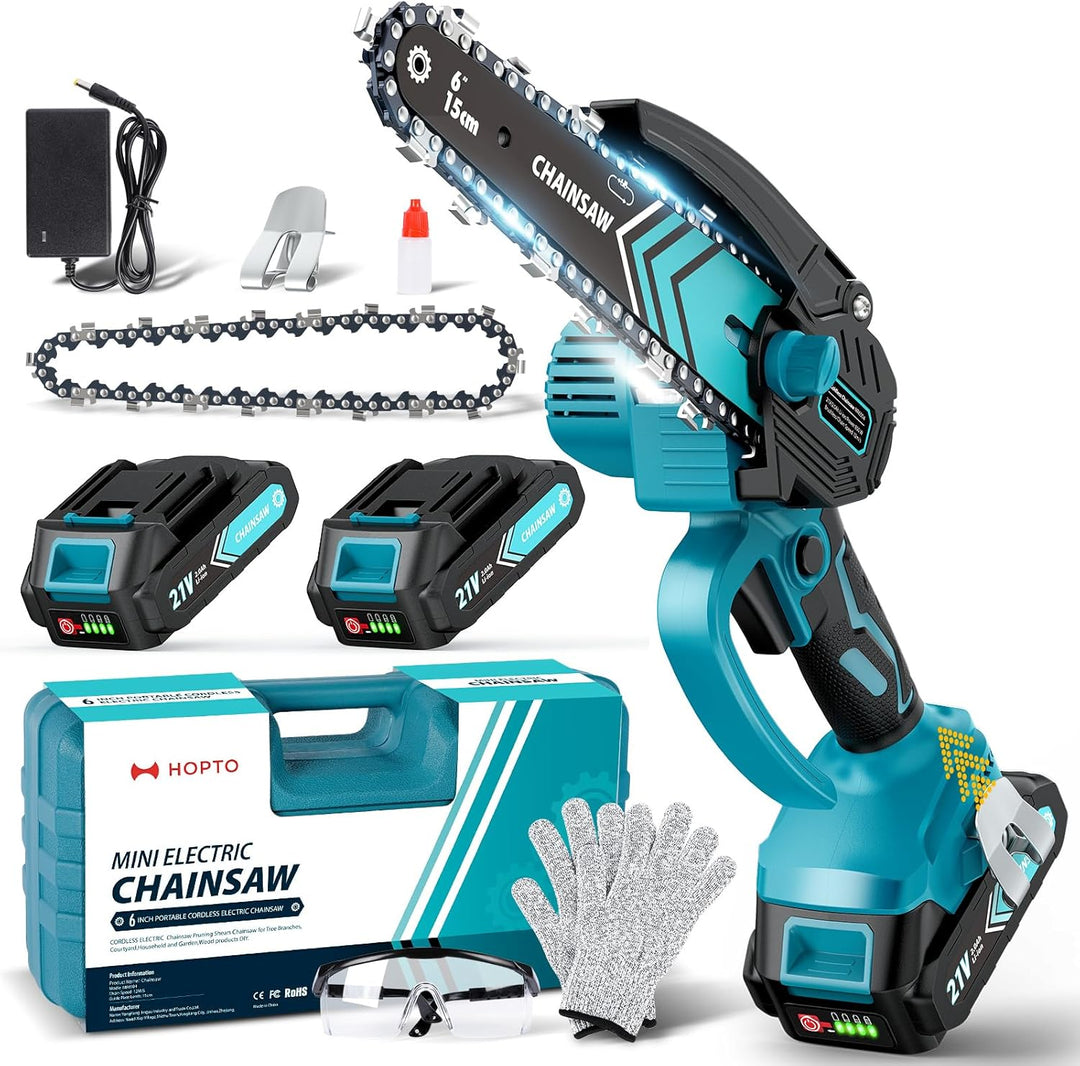 TimberCut 6-inch cordless mini chainsaw with LED light for efficient wood cutting & pruning