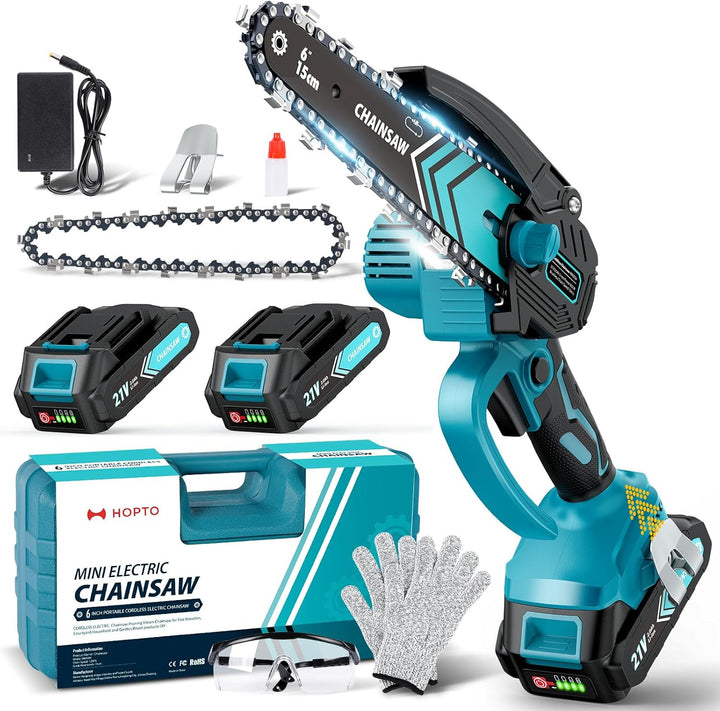 TimberCut 6-inch cordless mini chainsaw with LED light for efficient wood cutting & pruning