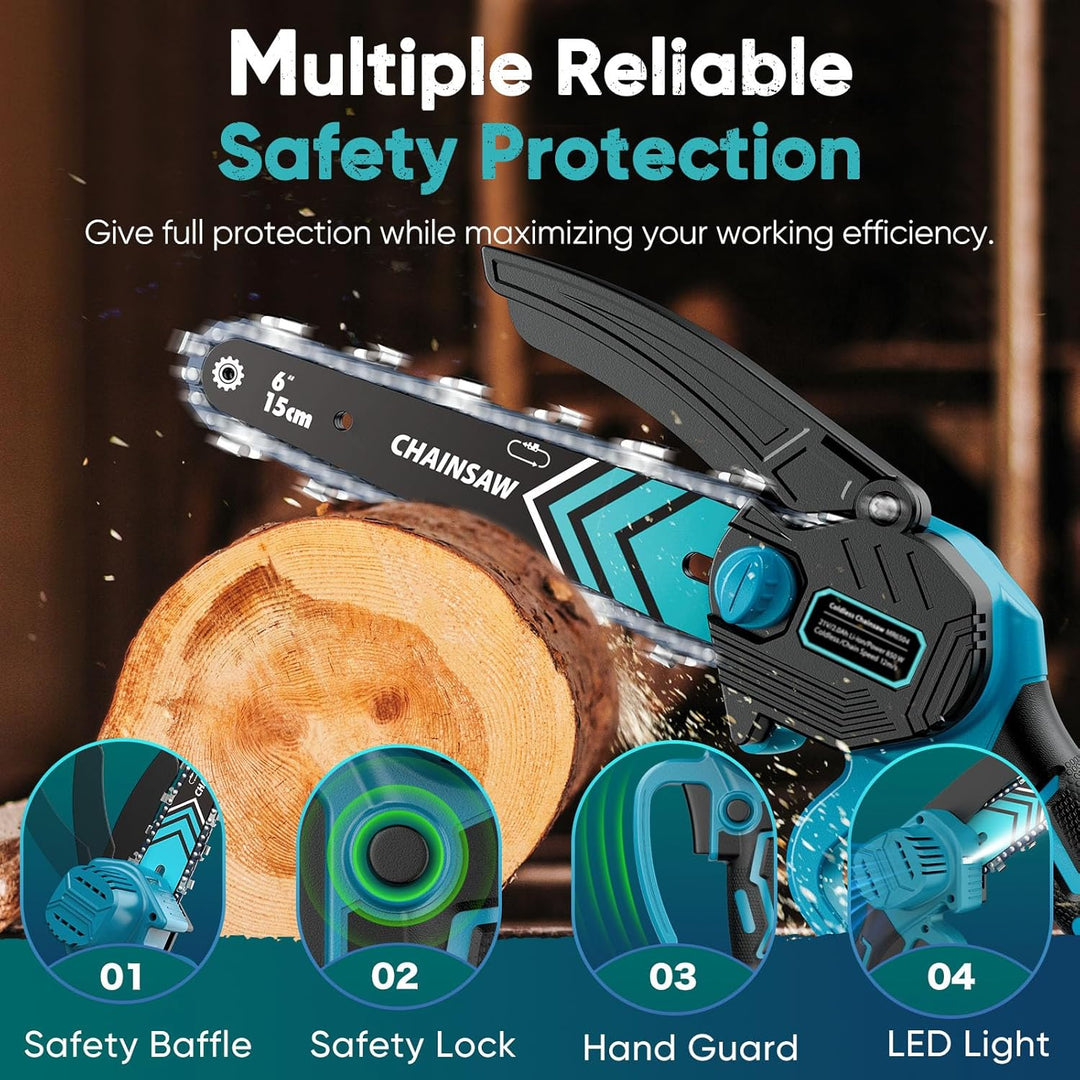 Rechargeable 21V battery powered mini chainsaw with LED for bright yard work & outdoor tasks