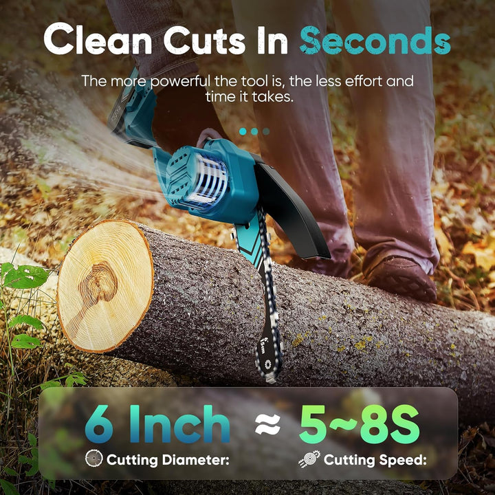 TimberCut mini chainsaw, 6-inch, with LED light & 21V battery, ideal for yard work