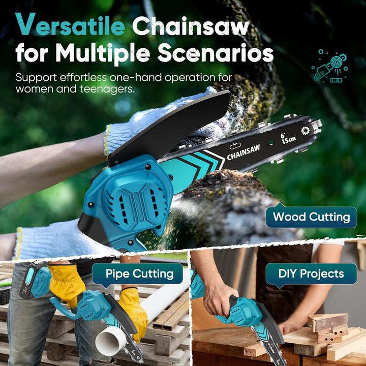Portable 6-inch cordless chainsaw for wood cutting, featuring an integrated LED light