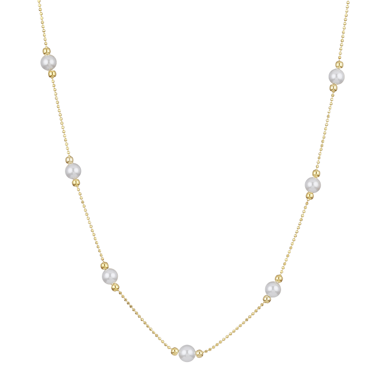Elegant golden necklace featuring lustrous pearls, a chic women's jewelry piece for any occasion.