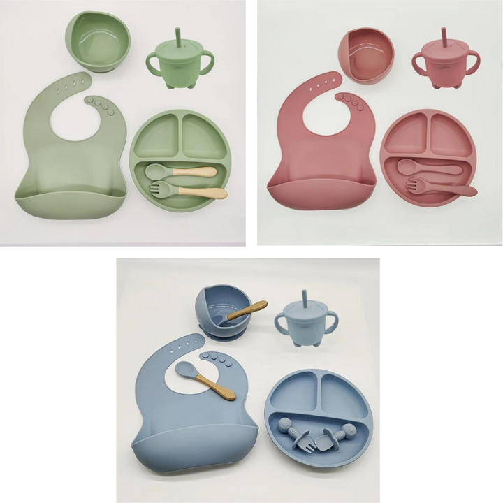 Non-slip BPA-free silicone feeding set for babies, includes suction plate & utensils for weaning.