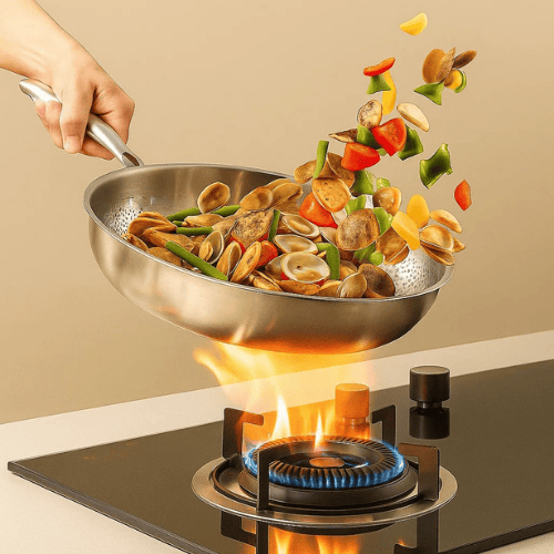 Premium TITANFORGE uncoated titanium frying pan, showing sturdy handle & durable design, perfect for daily kitchen use.
