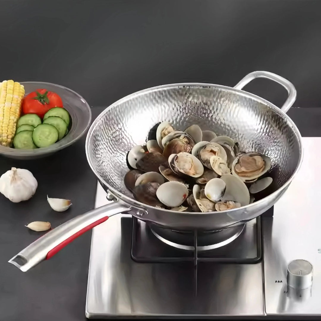 Titanium round bottom wok designed for induction cooktops, ideal for stir-frying and healthy cooking.