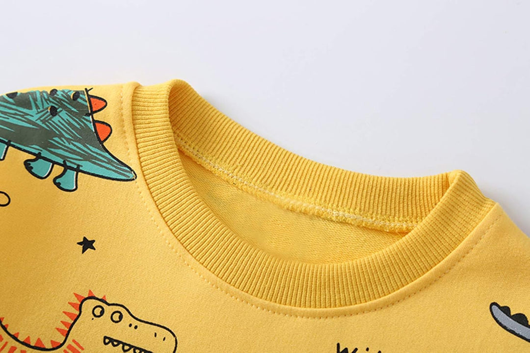 Two-piece boys' dinosaur outfit, including a short sleeve top and shorts, 100% cotton blend.