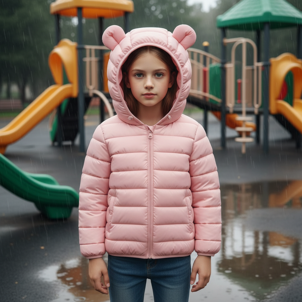 Toddler boy wearing a blue waterproof kids puffer jacket with a happy cartoon dinosaur, playing outside.