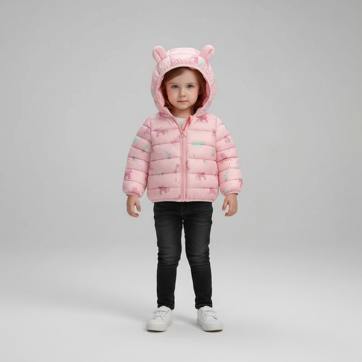 Waterproof kids puffer jacket in red with a playful animal cartoon, perfect for boys and girls.