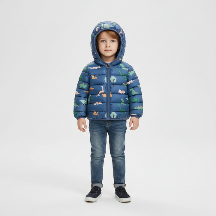 Vibrant green waterproof kids puffer jacket featuring a fun cartoon monster, ideal for winter play.