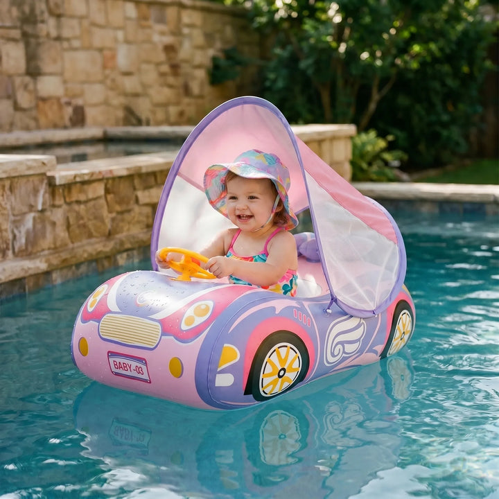Toddler car inflatable pool float with sun canopy for babies, offering UV protection & fun water play.