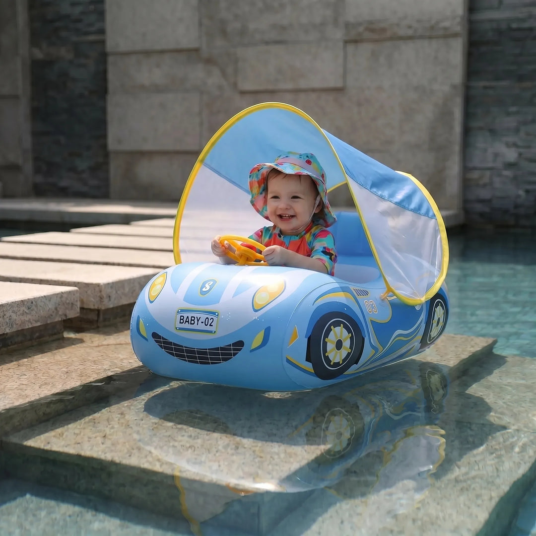 Infant car pool float with steering wheel & sun shade canopy, ideal for baby's safe summer swim fun.