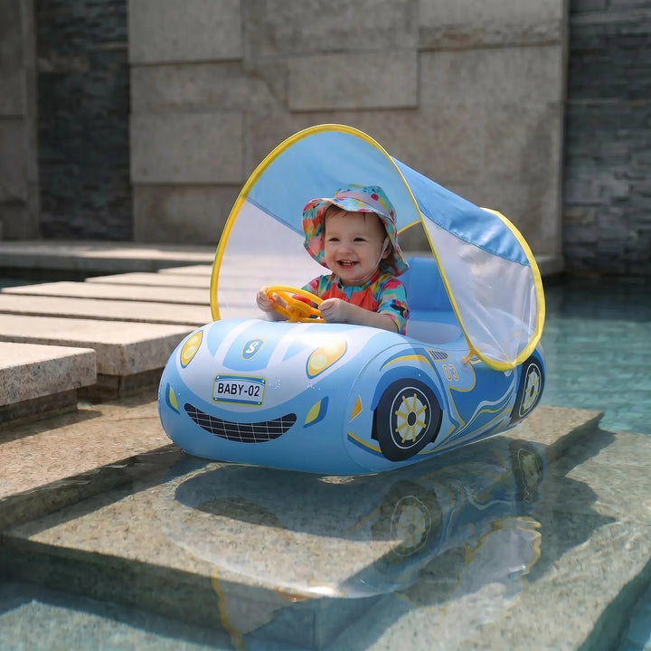 Infant car pool float with steering wheel & sun shade canopy, ideal for baby's safe summer swim fun.