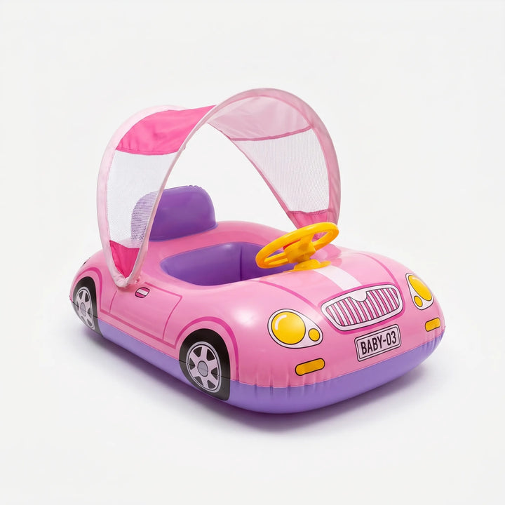 Baby swim ring with sun canopy & inflatable car design, perfect for toddlers enjoying pool time & water play.