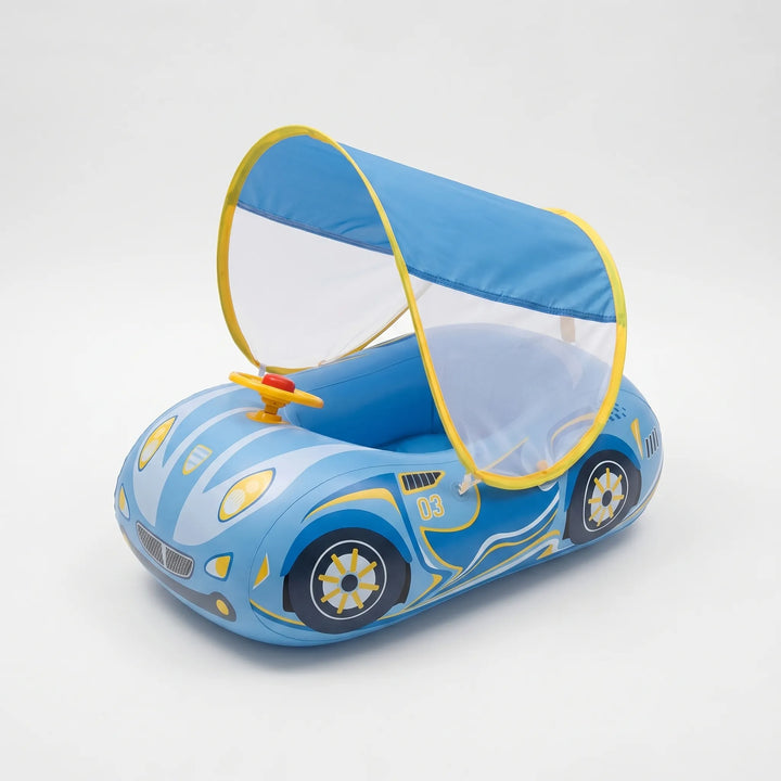 Kids inflatable pool float with sun canopy, provides shade & a secure seat for toddlers learning to swim.