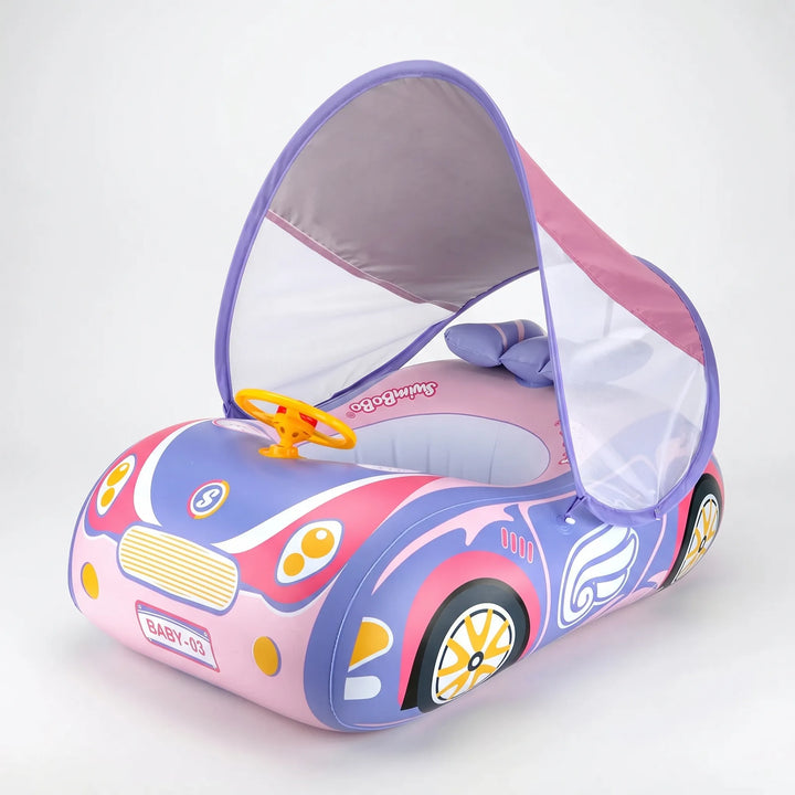 Comfortable baby swim training aid: an inflatable car pool float with sun canopy for infant water activities.
