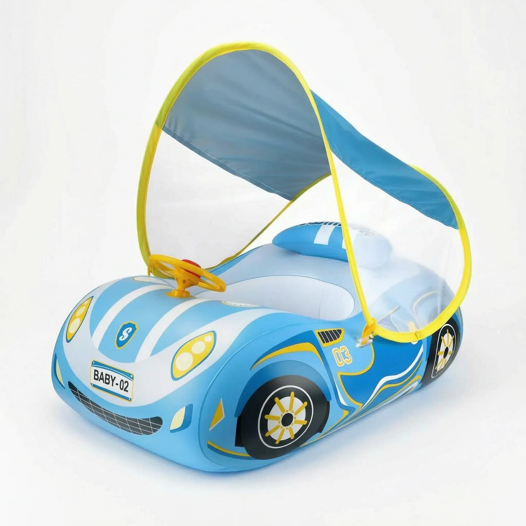 Durable toddler pool accessory: an inflatable car float with sun canopy for playful and shaded baby water fun.