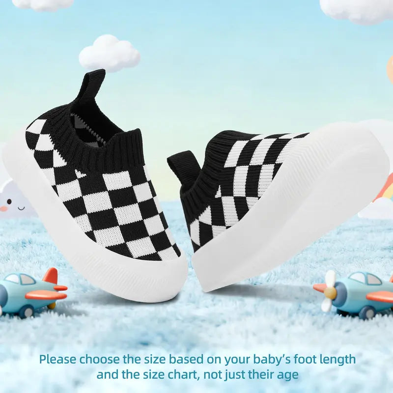 Comfortable checkered slip-on shoes for active toddlers. Flexible kids footwear for boys and girls.