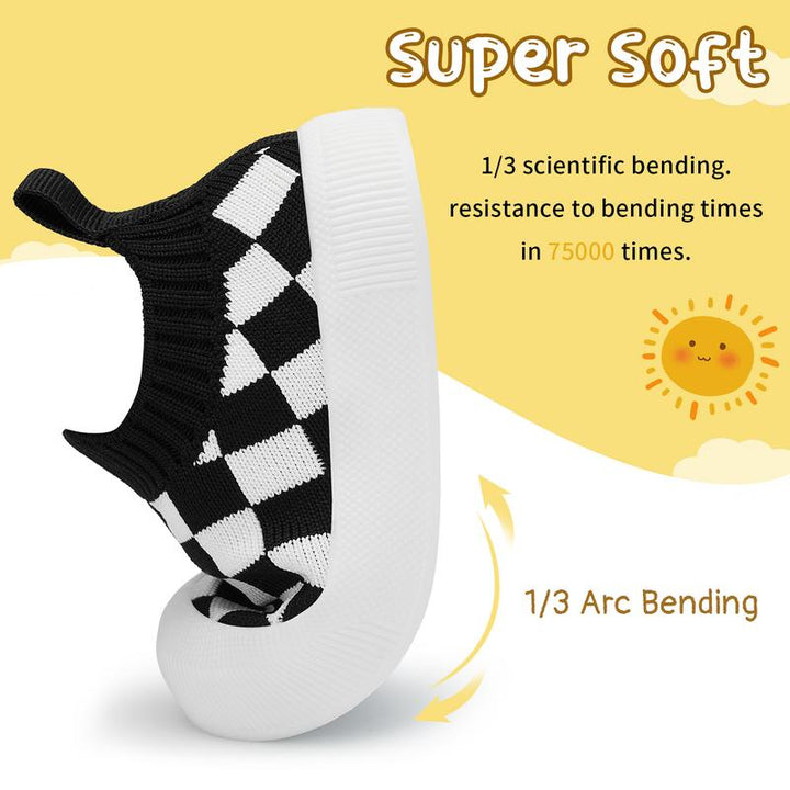 Soft & flexible checkered slip-on shoes for toddlers taking first steps. Easy-wear baby footwear.