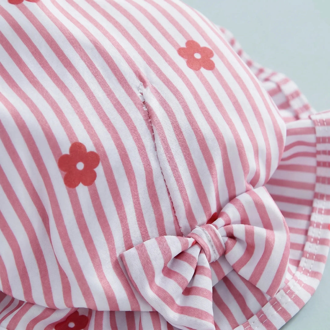 Girls long-sleeve rash guard & hat set, perfect summer clothes for toddlers at the beach or pool.