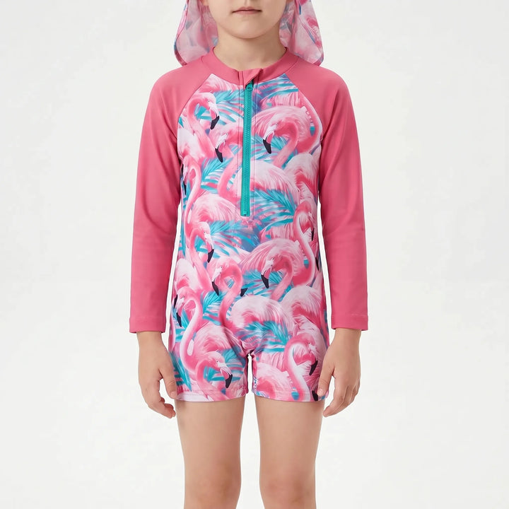 Girls' long-sleeve floral rash guard swimsuit set, perfect toddler beachwear for sun-safe pool days.