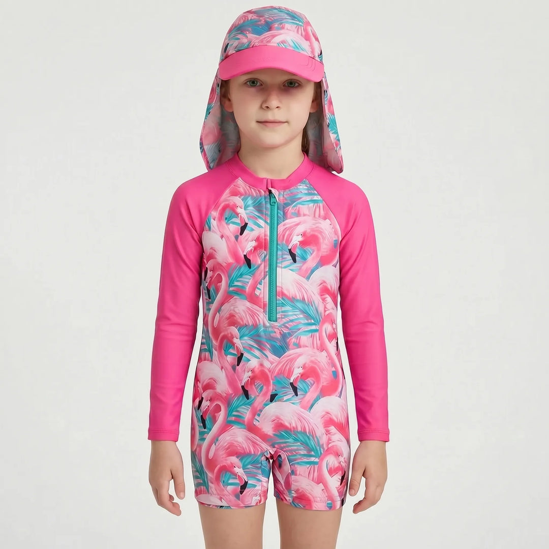 Baby girl's floral sun suit with long-sleeve rash guard and swim hat, essential protective swimwear.