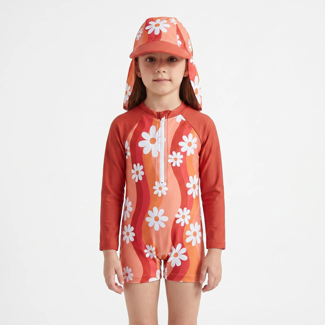 Toddler girls' floral rash guard long-sleeve swimsuit set, includes sun hat for a complete summer outfit.