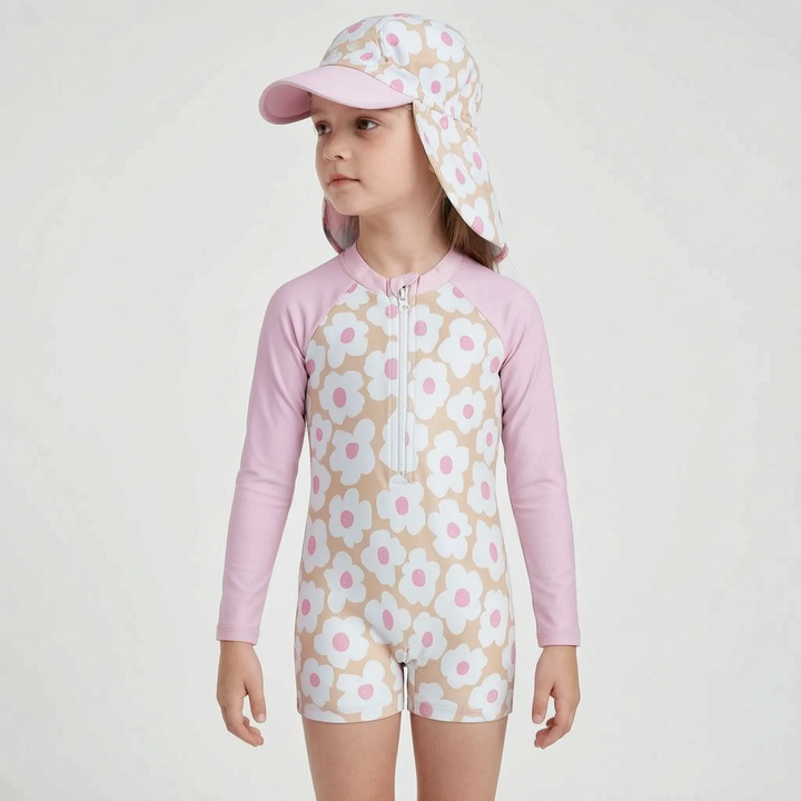Stylish toddler girls' floral rash guard swimsuit and hat set, comfortable kids beachwear for active play.