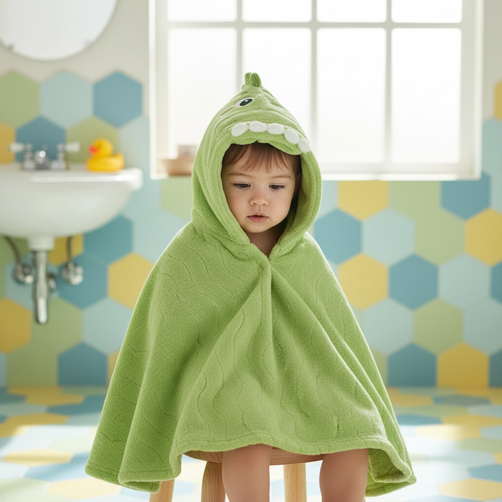 Toddler in green SnuggleDino hooded animal bathrobe, front view, soft polyester
