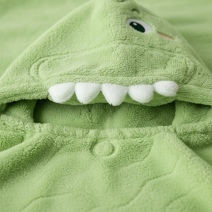 Back view of a green SnuggleDino animal bathrobe for toddlers, showing hood detail