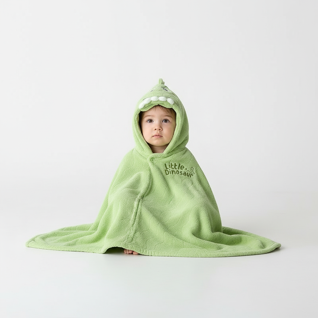 Folded green SnuggleDino hooded animal bathrobe, perfect soft bath wrap for toddlers