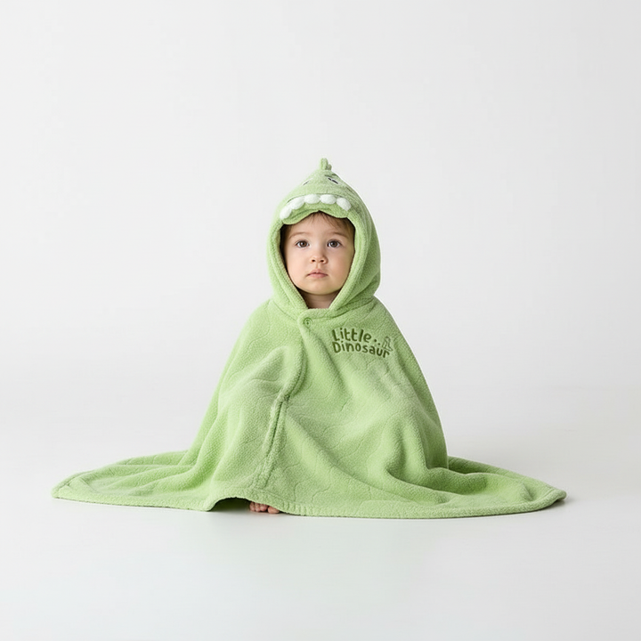 Folded green SnuggleDino hooded animal bathrobe, perfect soft bath wrap for toddlers